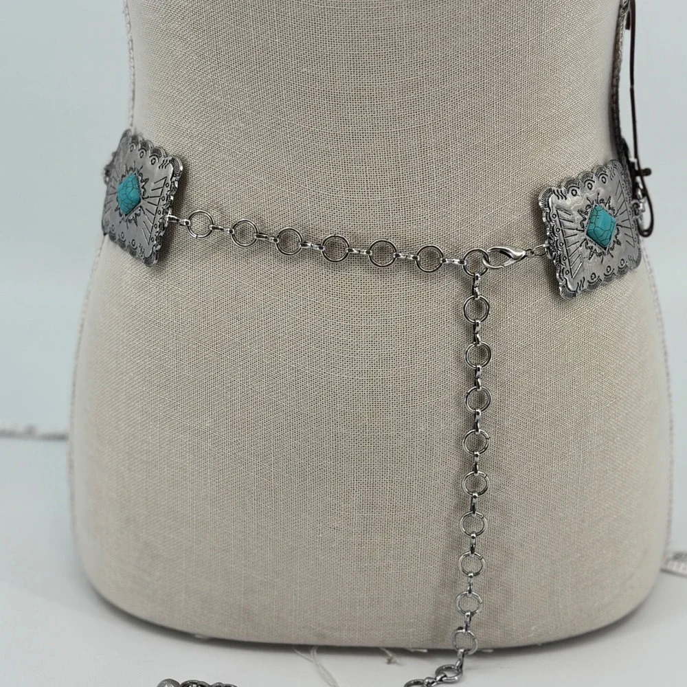 Austin West Concho Chain Belt Women M/L Silver Turquoise Western Boho Adjustable